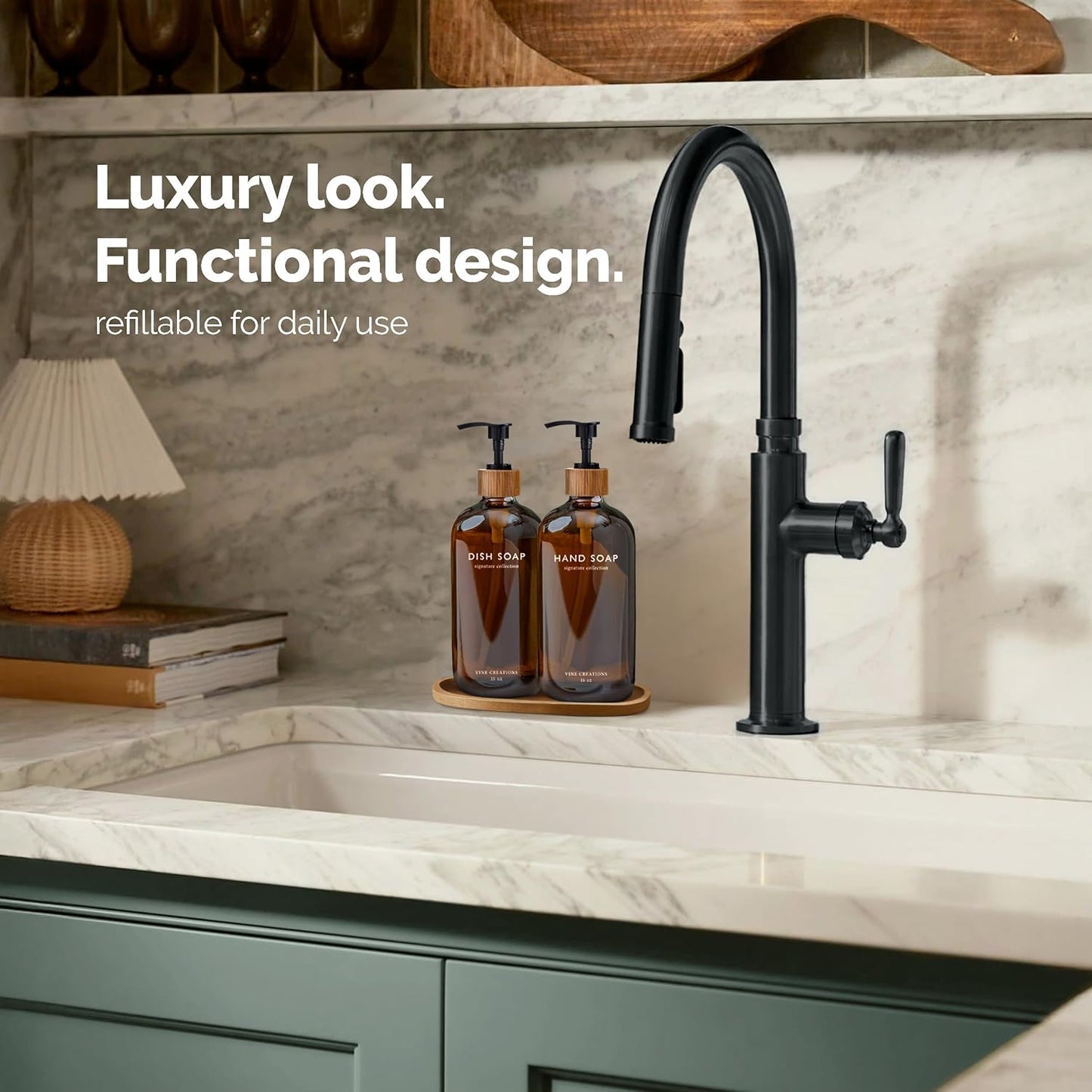 Amber Glass Soap Dispenser Set, Hand Soap and Dish Soap Dispenser Set with Bamboo Tray, 16 Oz Glass Dispensers Bottle for Kitchen and Bathroom Decor Modern Boho with Bamboo Pump (Amber)