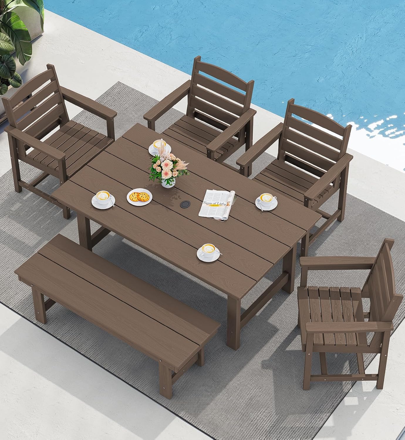 Patio Dining Table Sets 5-Piece, Outdoor HDPE Dining Furniture Set with Umbrella Hole Cut-Out Table and 4 Chairs, All Weather Dining Set for Lawn, Garden, Backyard, Poolside, Black