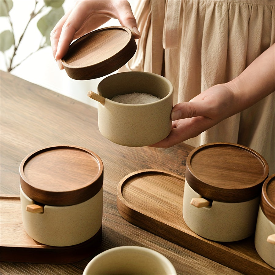 Minimalist Ceramic Spice Jar Set with Wooden Lid &amp; Spoon