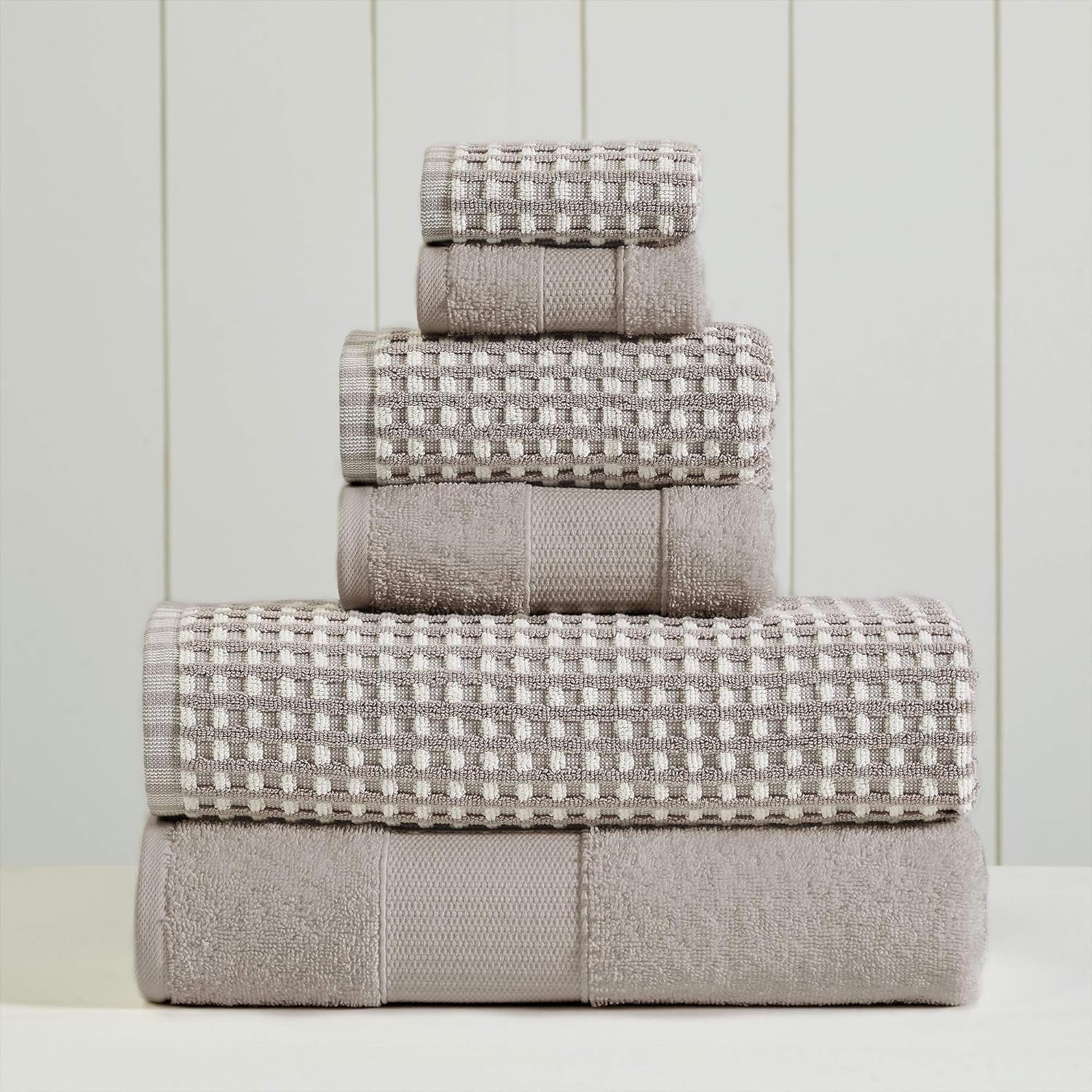 6-Piece 100% Combed Cotton Yarn Dyed Cobblestone Jacquard Towel Set Flax