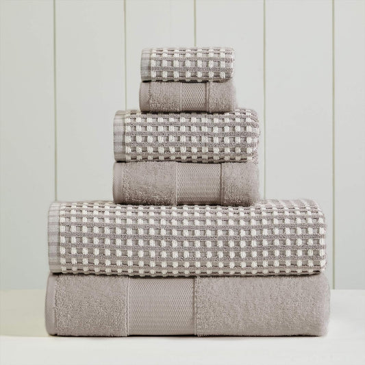 6-Piece 100% Combed Cotton Yarn Dyed Cobblestone Jacquard Towel Set Flax