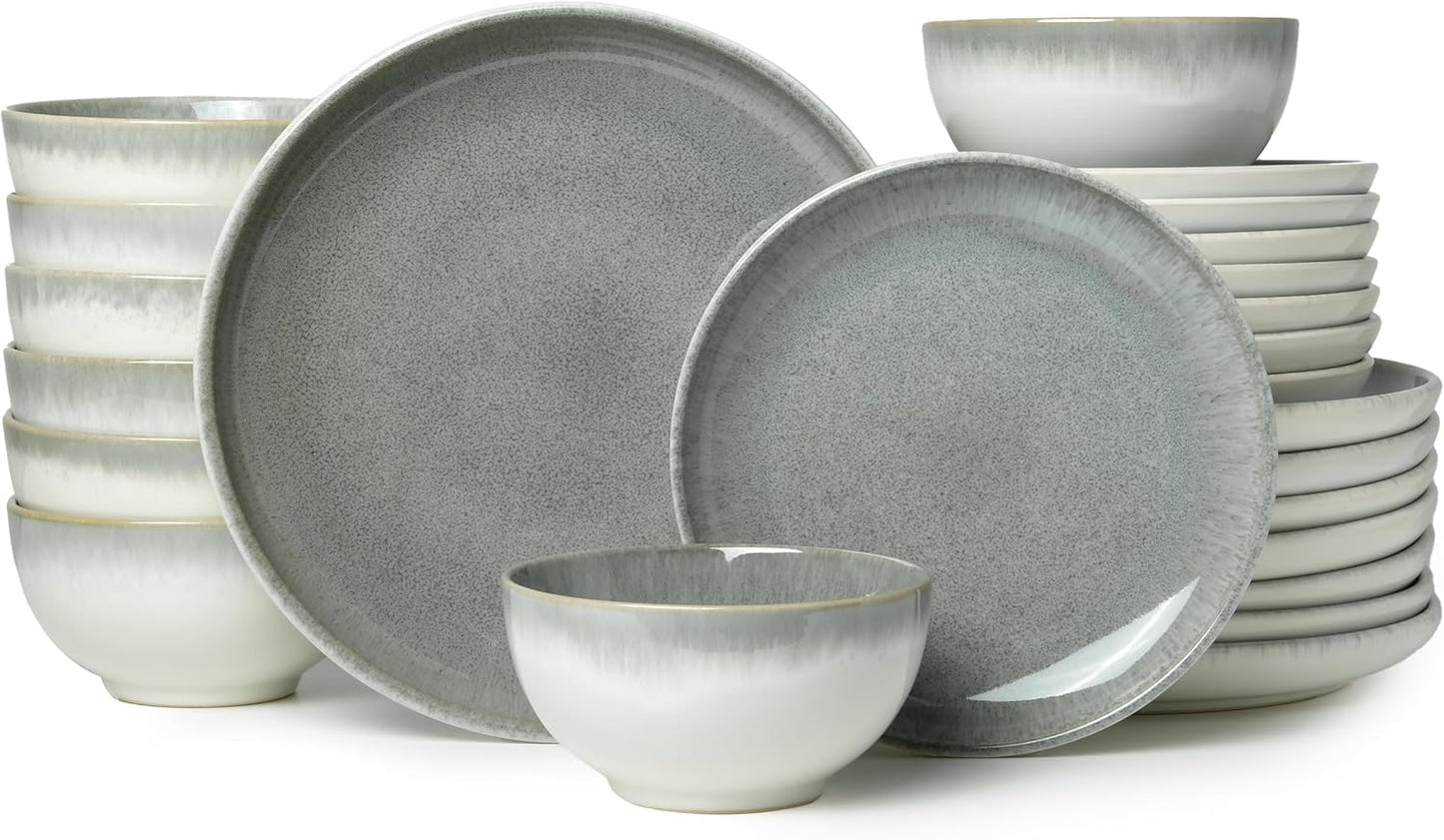 Stoneware Dinnerware Sets Service for 4, 12 Pcs Reactive Glaze Plates and Bowls Sets, Handmade Ceramic Dish Set, Highly Chip and Crack Resistant Modern Plate Set, Brown Green