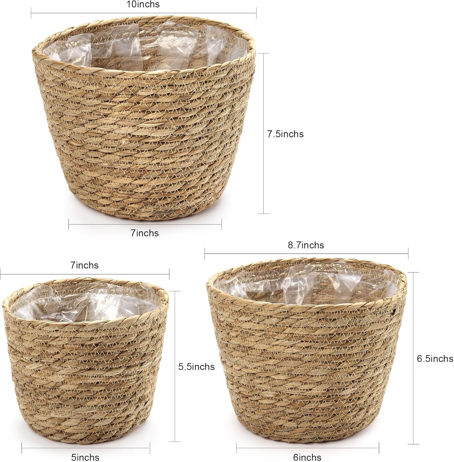 Plant Basket, 3 PCS Plant Baskets Indoor with Plastic Liner, Water Hyacinth Woven Planters Flower Basket, Planter Basket for Rustic Boho Home Farmhouse Floor Potted Pots Decor