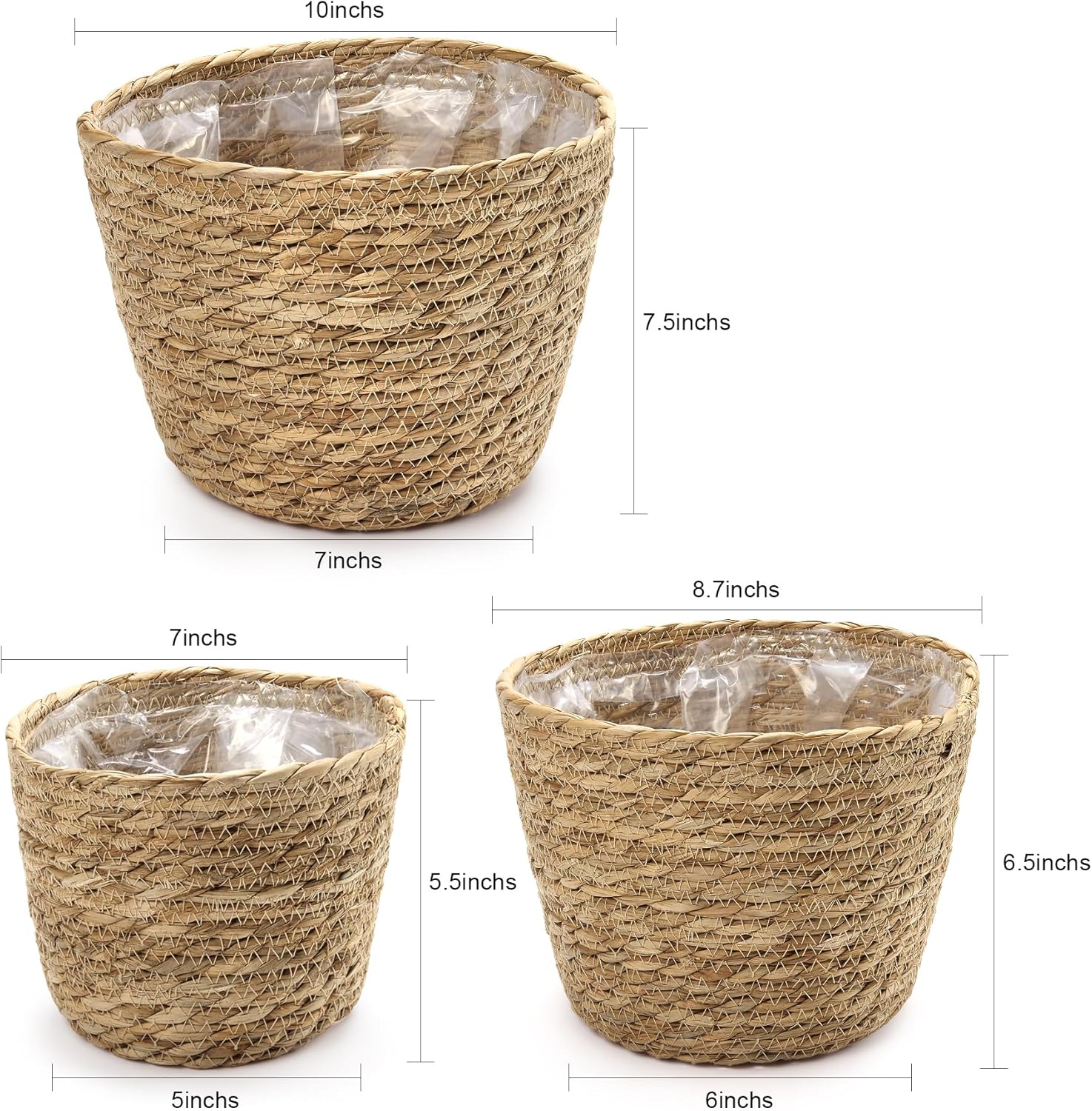 Plant Basket, 3 PCS Plant Baskets Indoor with Plastic Liner, Water Hyacinth Woven Planters Flower Basket, Planter Basket for Rustic Boho Home Farmhouse Floor Potted Pots Decor