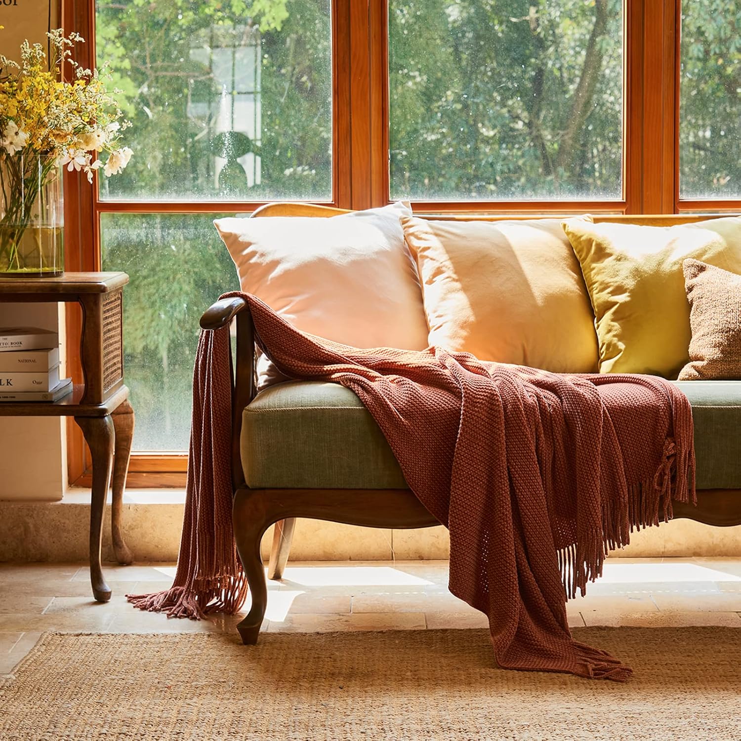 Throw Blanket for Couch, Soft Boho Bed Throw,Cozy Burnt Orange Chenille Knitted Small Spring Lightweight Throw(Rust,50 * 60")