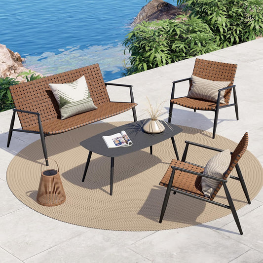 4 Pieces Outdoor Furniture Set, Leather-Look Patio Conversation Set, Vintage Brown Wicker Chairs Loveseat and 1 Coffee Table, Patio Furniture for Garden, Backyard, Porch