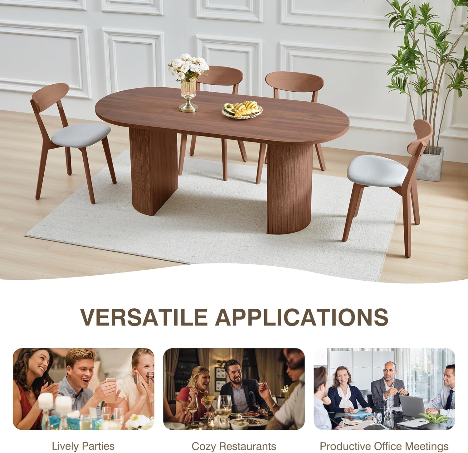 70.8 Inch Dining Table for 4-6 People, Oval Kitchen Table with Semi-Cylindrical Legs Base, Modern Farmhouse round Dinner Tables for Dining Room Kitchen Living Room (Walnut)