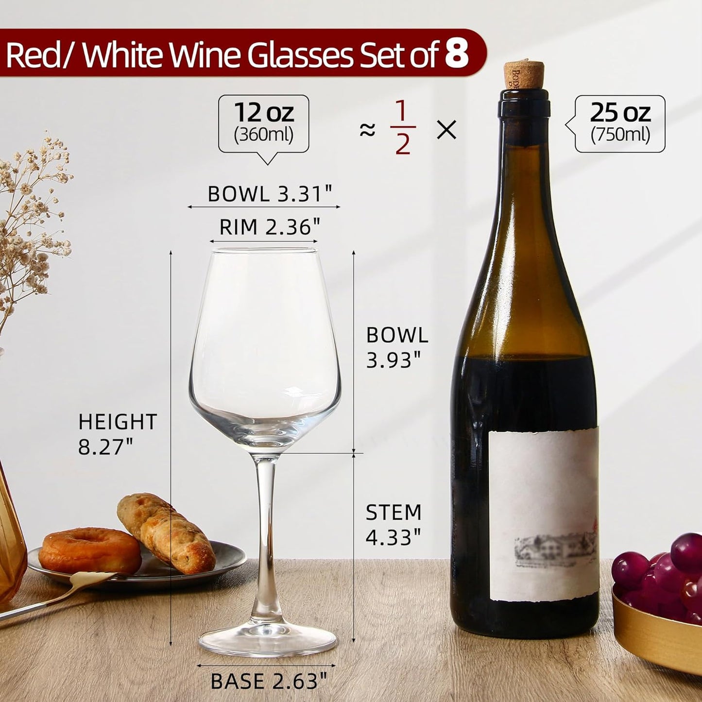 Wine Glasses Set of 8, 12Oz Clear Red/White, Long Stem Wine Glasses for Party, Wedding and Home