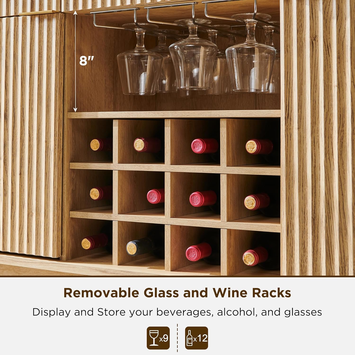 Fluted Wine Bar Cabinet for Liquor, 60" Modern Coffee Bar Cabinet W/Wine & Glass Rack, Large Buffet Sideboard W/ 3 Storage Drawers & Adjustable Shelves for Home, Dining Room, Kitchen, Natural Oak