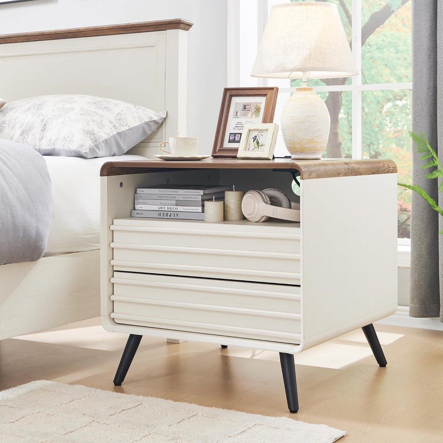 24" Nightstand with Charger Station, Mid Century Modern Fluted End Table with 2 Drawers, Wooden Side Table with Open Cubby Storage for Living Room, Bedroom, Office (Dark Walnut)