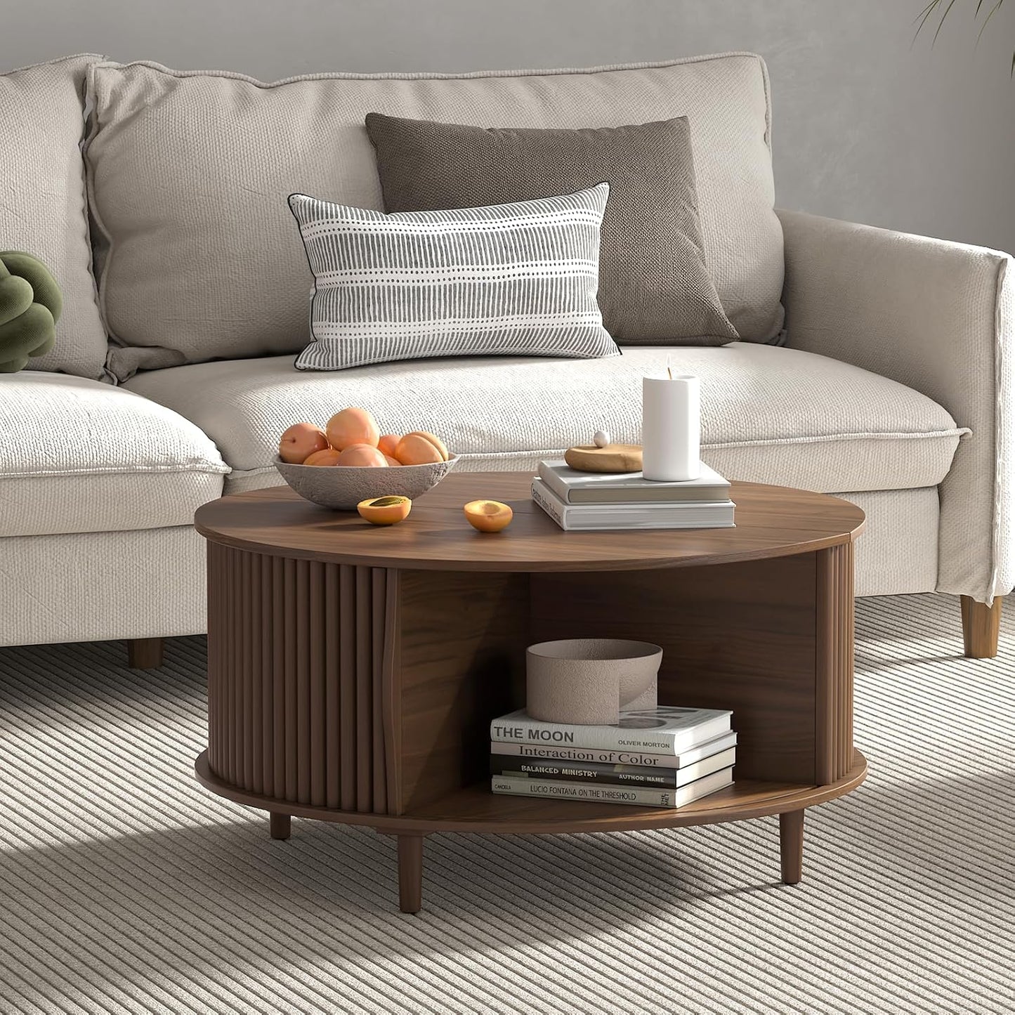Round Coffee Table with Storage,Mid Century Modern Coffee Table with Sliding Cabinet Door for Living Room,Home Small Space,31.5" Fluted Center Table,Walnut