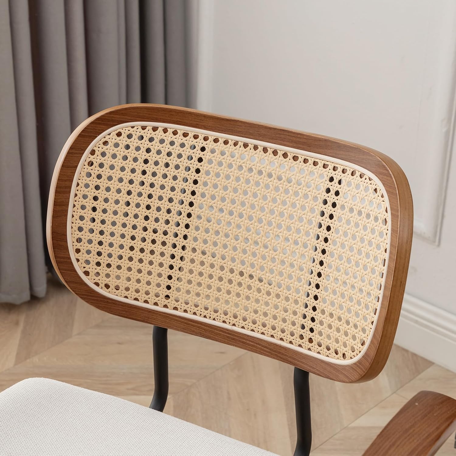 Rattan Dining Chairs Set of 2, Mid Century Modern Kitchen Side Chair, Metal Legs Desk Chair, Linen Fabric Accent Chair with Arms and Rattan Backrest, Beige