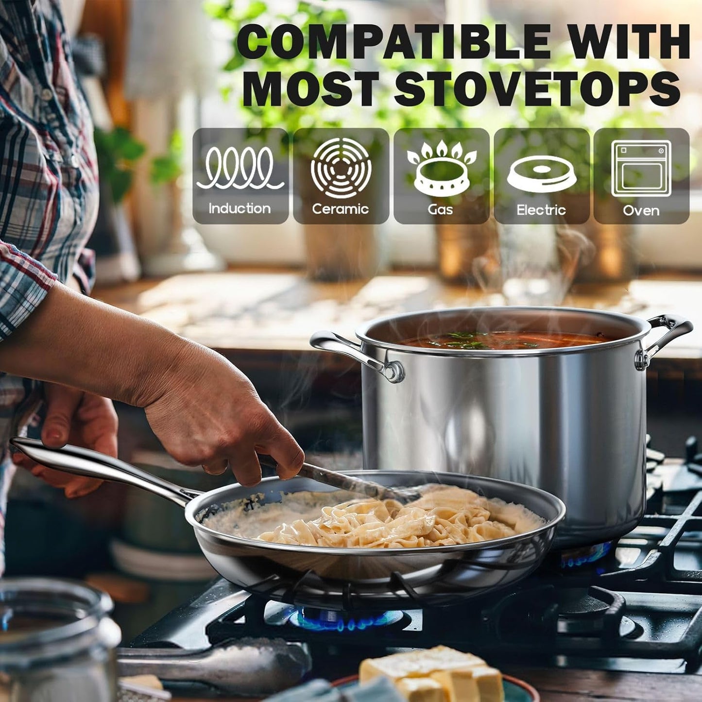 Stainless Steel Kitchen Cookware Sets 10-Piece, Multi-Ply Full Clad Pots and Pans Cooking Set with Stay-Cool Handles, Dishwasher Safe, Oven Safe 500°F, Silver