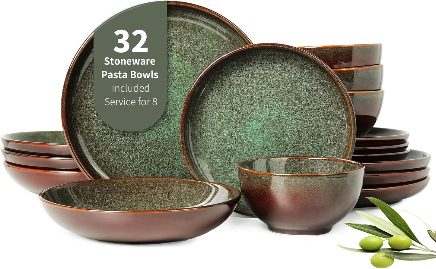 Stoneware Dinnerware Sets Service for 4, 12 Pcs Reactive Glaze Plates and Bowls Sets, Handmade Ceramic Dish Set, Highly Chip and Crack Resistant Modern Plate Set, Brown Green