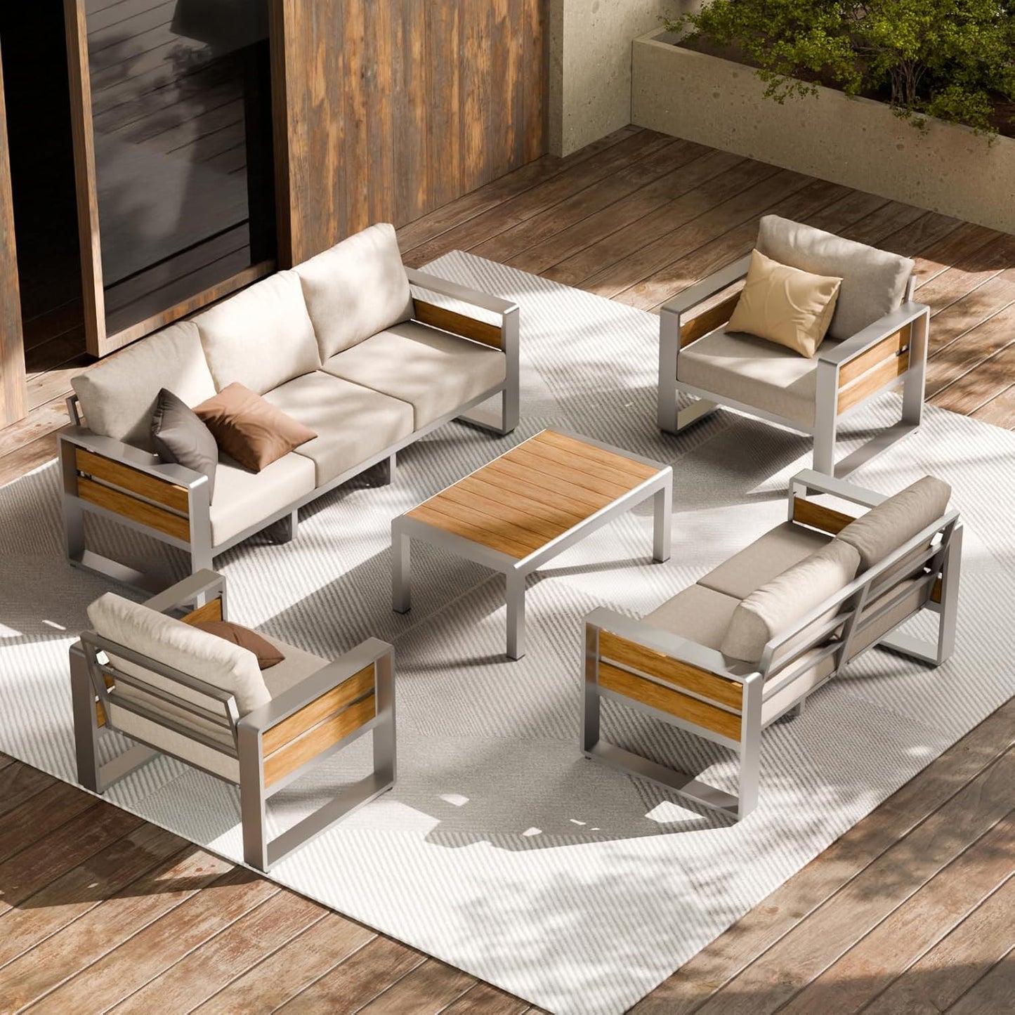 Aluminum Outdoor Patio Furniture Set, 5-Piece Metal Modern outside Sectional Conversation Lawn Furniture with Coffee Table & Washable Thick Cushions,Seating Sofa for Garden/Backyard/Porch Grey