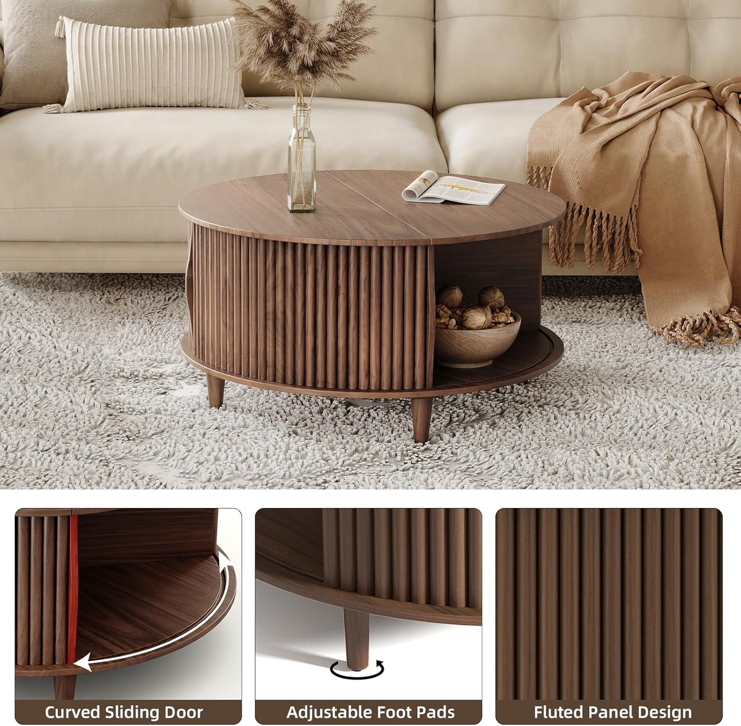 Round Coffee Table with Storage,Mid Century Modern Coffee Table with Sliding Cabinet Door for Living Room,Home Small Space,31.5" Fluted Center Table,Walnut
