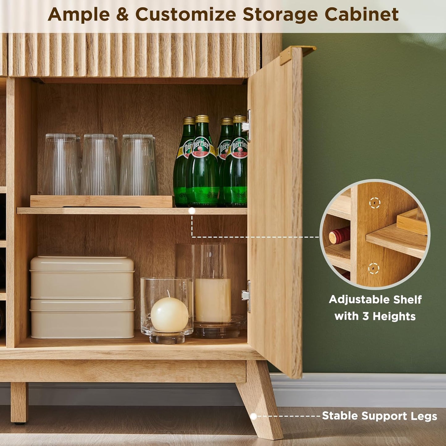 Fluted Wine Bar Cabinet for Liquor, 60" Modern Coffee Bar Cabinet W/Wine & Glass Rack, Large Buffet Sideboard W/ 3 Storage Drawers & Adjustable Shelves for Home, Dining Room, Kitchen, Natural Oak
