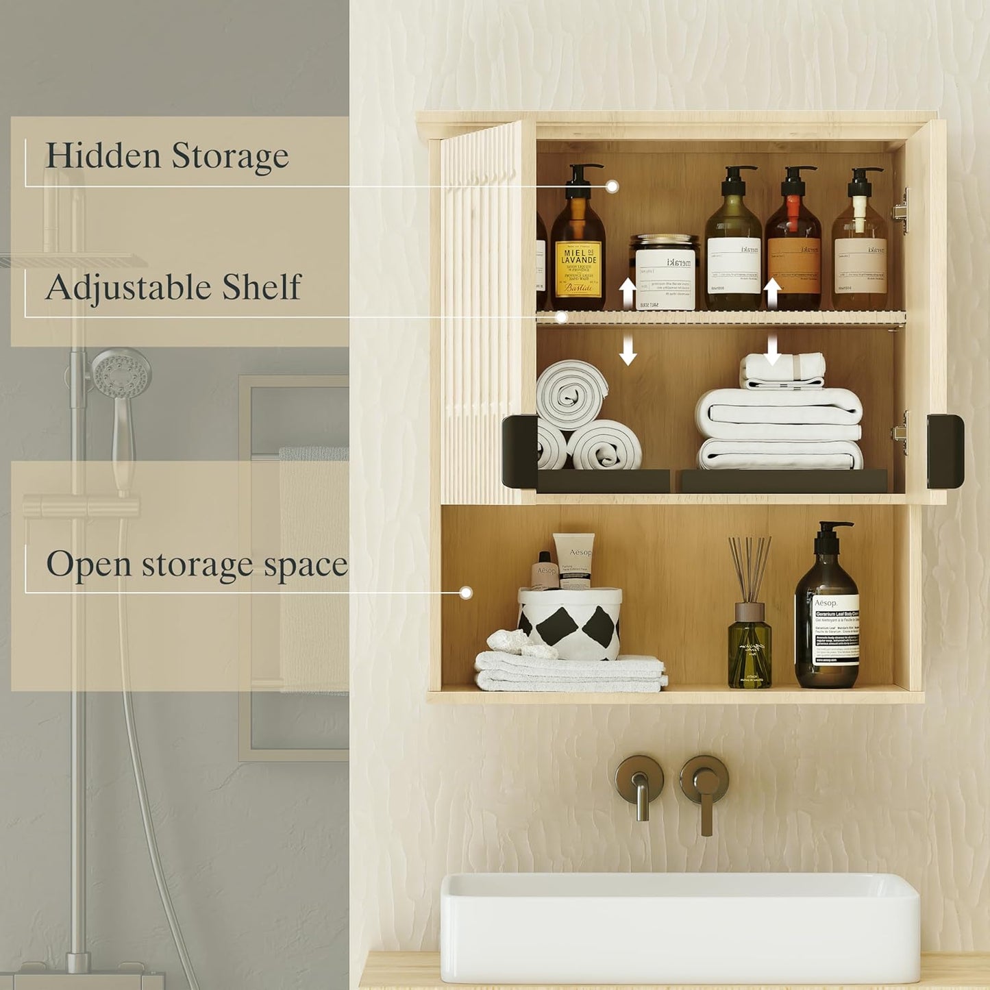 Wall Mounted Cabinet, Modern Medicine Cabinets with Fluted Doors and Adjustable Shelf over the Toilet Storage Organizer