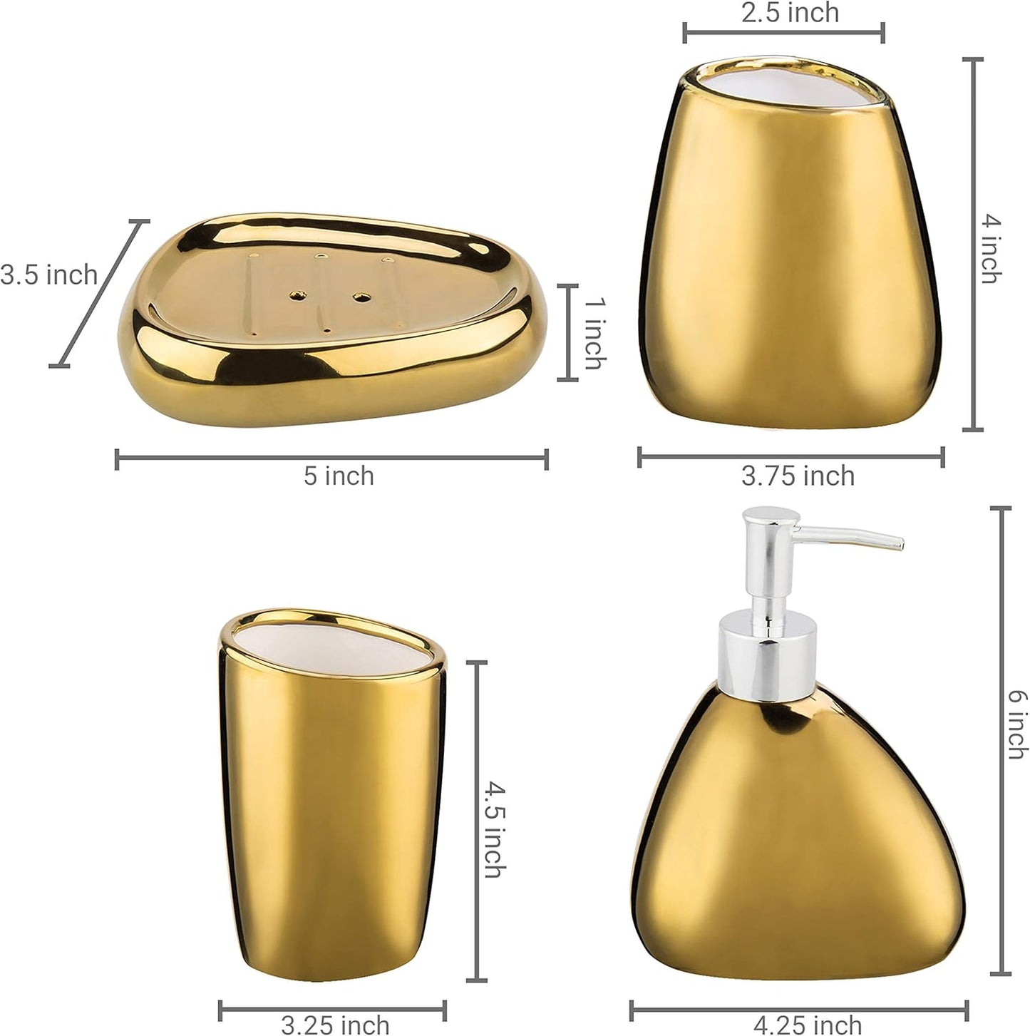 4 Pc Complete Set Modern Ceramic Gold Bathroom Accessories Set with Soap Dispenser, Tumbler, Toothbrush Holder and Soap Dish, Bathroom Organizer Accessory for Modern Home Decor