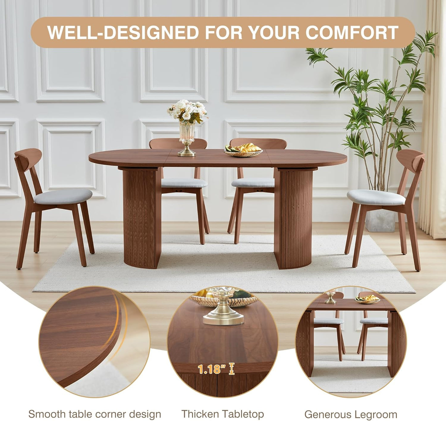 70.8 Inch Dining Table for 4-6 People, Oval Kitchen Table with Semi-Cylindrical Legs Base, Modern Farmhouse round Dinner Tables for Dining Room Kitchen Living Room (Walnut)