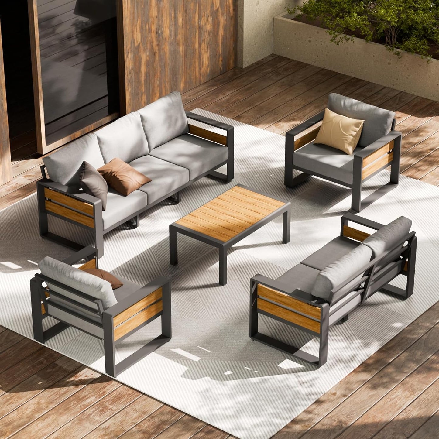 Aluminum Outdoor Patio Furniture Set, 5-Piece Metal Modern outside Sectional Conversation Lawn Furniture with Coffee Table & Washable Thick Cushions,Seating Sofa for Garden/Backyard/Porch Grey