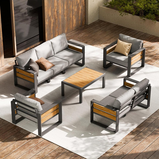 Aluminum Outdoor Patio Furniture Set, 5-Piece Metal Modern outside Sectional Conversation Lawn Furniture with Coffee Table & Washable Thick Cushions,Seating Sofa for Garden/Backyard/Porch Grey