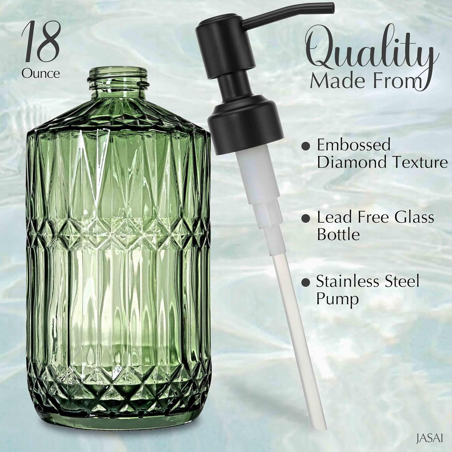 18Oz Green Soap Dispenser with Black Rust Proof Pump, Refillable Kitchen Soap Dispenser with Thick Glass, Soap Dispenser Bathroom for Hand Soap, Dish Soap, Lotion, Body Wash.