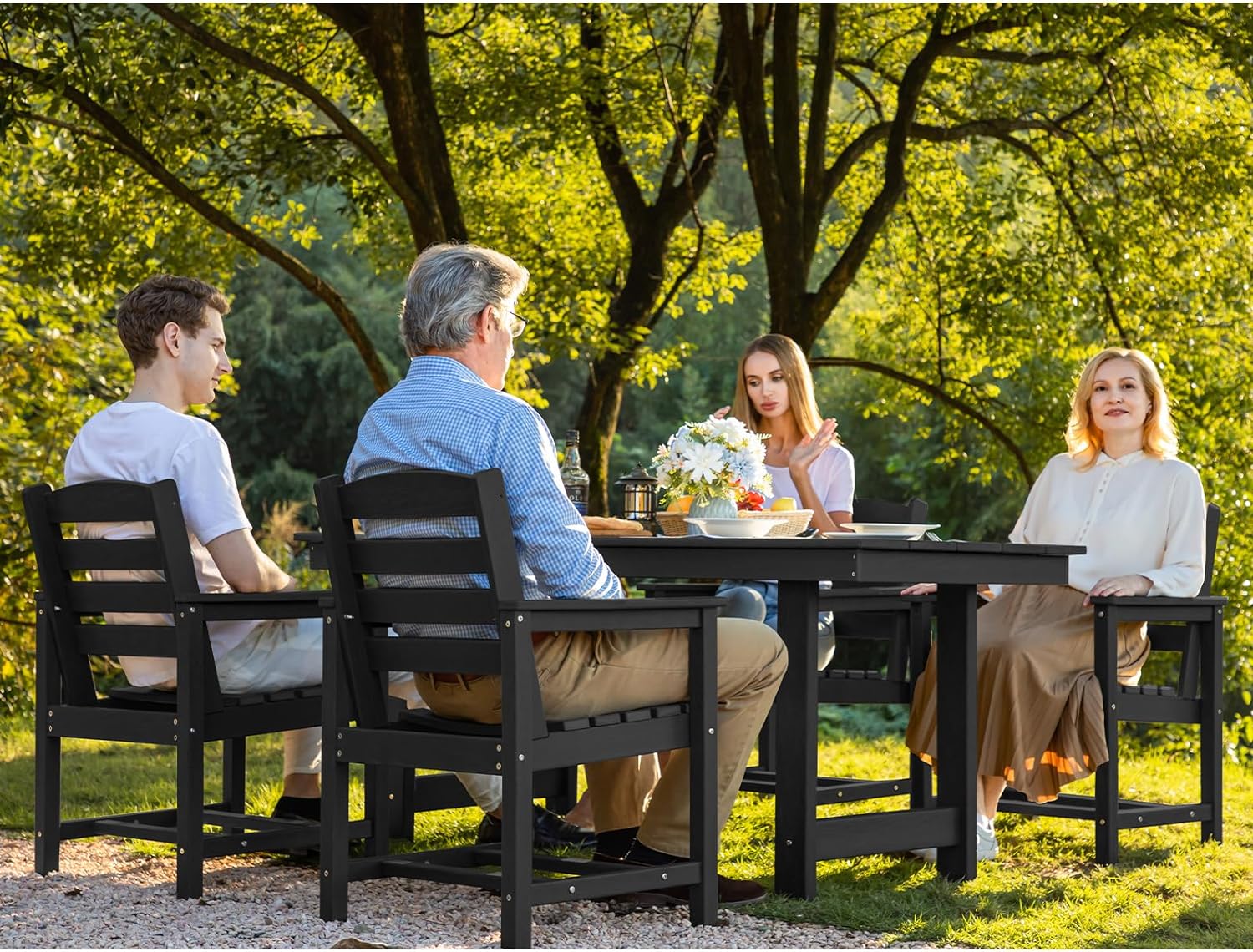 Patio Dining Table Sets 5-Piece, Outdoor HDPE Dining Furniture Set with Umbrella Hole Cut-Out Table and 4 Chairs, All Weather Dining Set for Lawn, Garden, Backyard, Poolside, Black