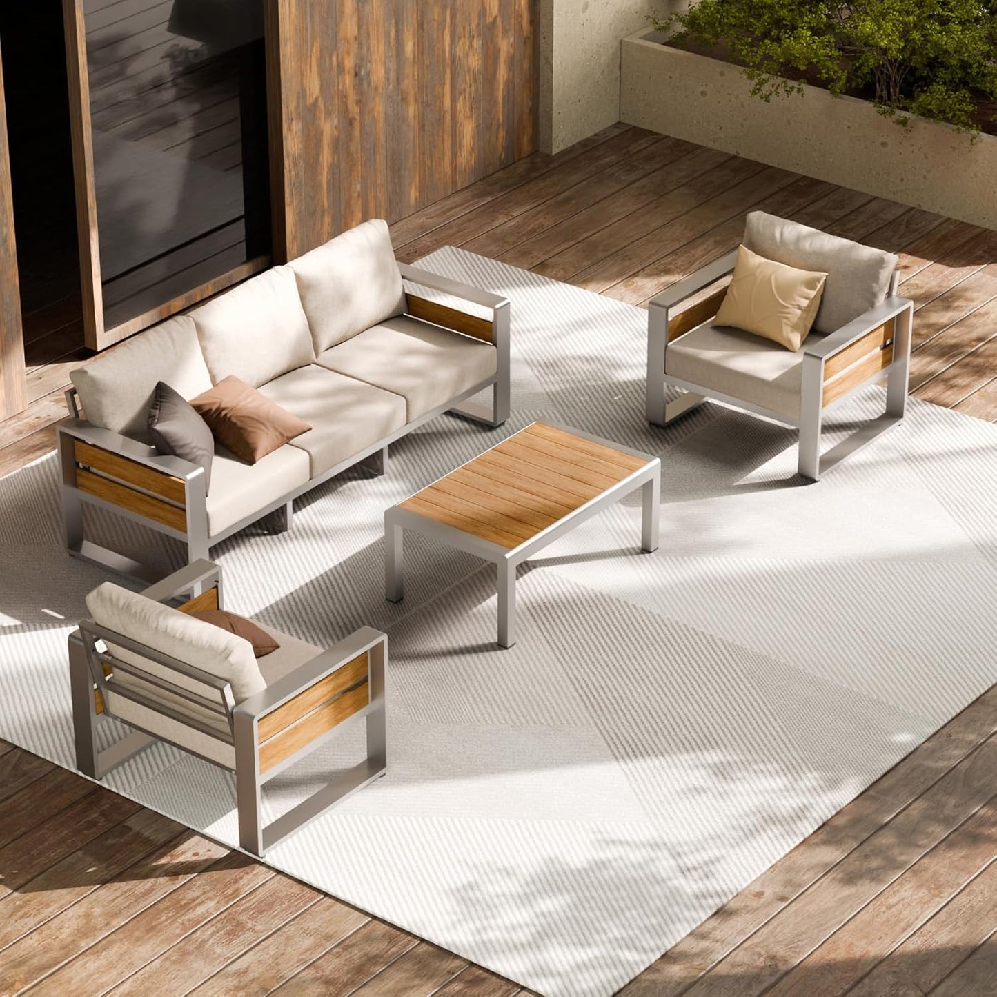 Aluminum Outdoor Patio Furniture Set, 5-Piece Metal Modern outside Sectional Conversation Lawn Furniture with Coffee Table & Washable Thick Cushions,Seating Sofa for Garden/Backyard/Porch Grey