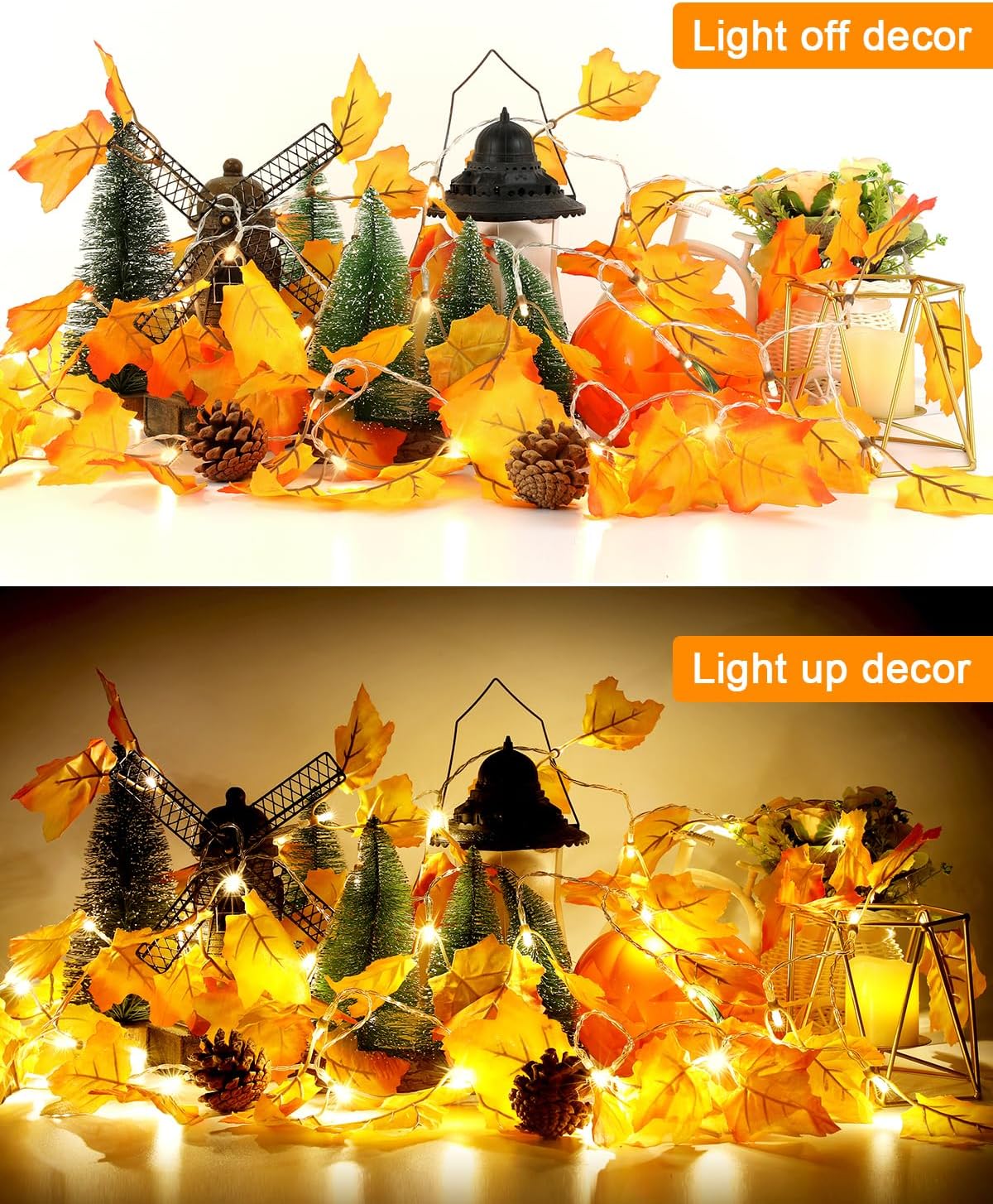 Fall Decor 2 Pack Lighted Fall Garland, Total 16.4Ft 40 LED Thanksgiving Decorations Halloween String Lights, Friendsgiving Gift Thanksgiving Decor for Home Holiday Autumn Garland Indoor