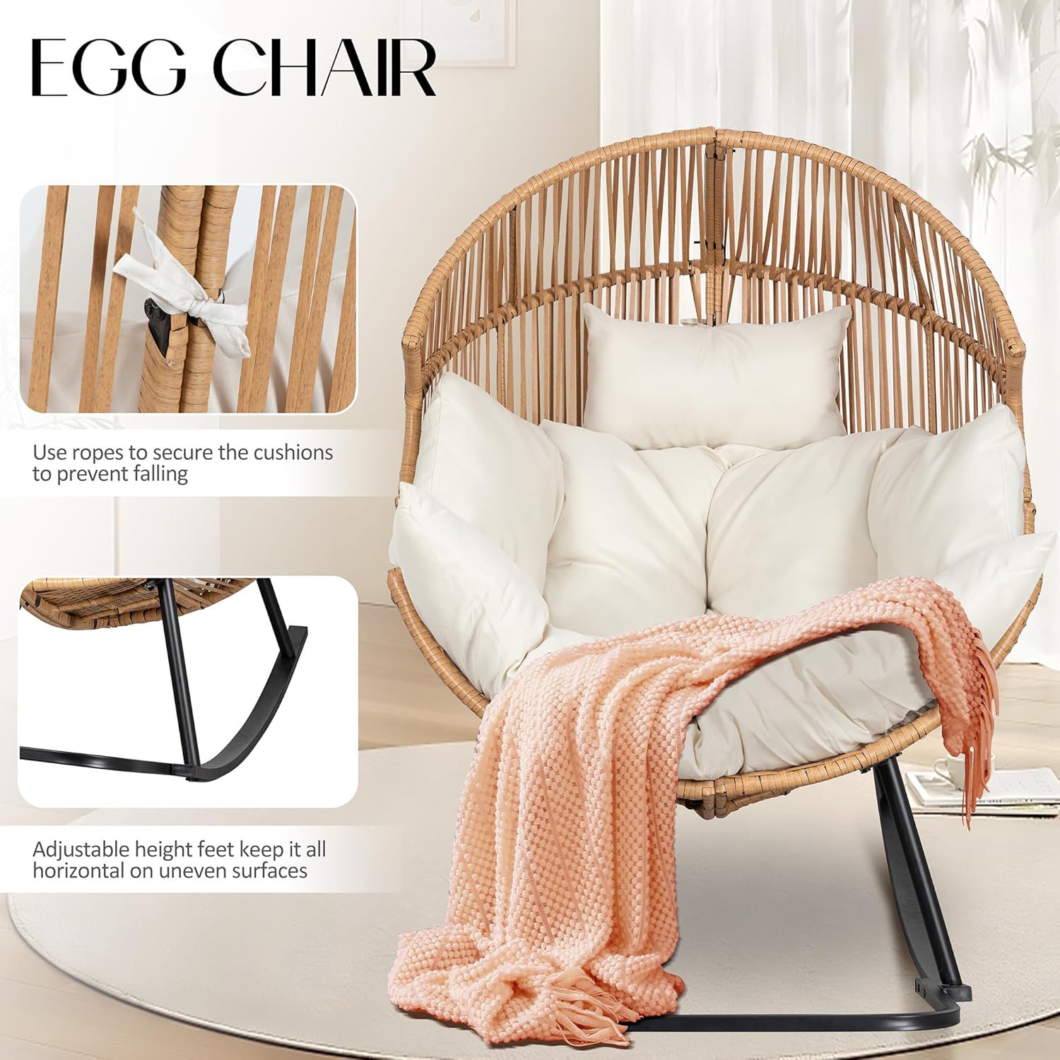 Outdoor Egg Rocker Chair with Cushion – Patio, Balcony & Living Room Use