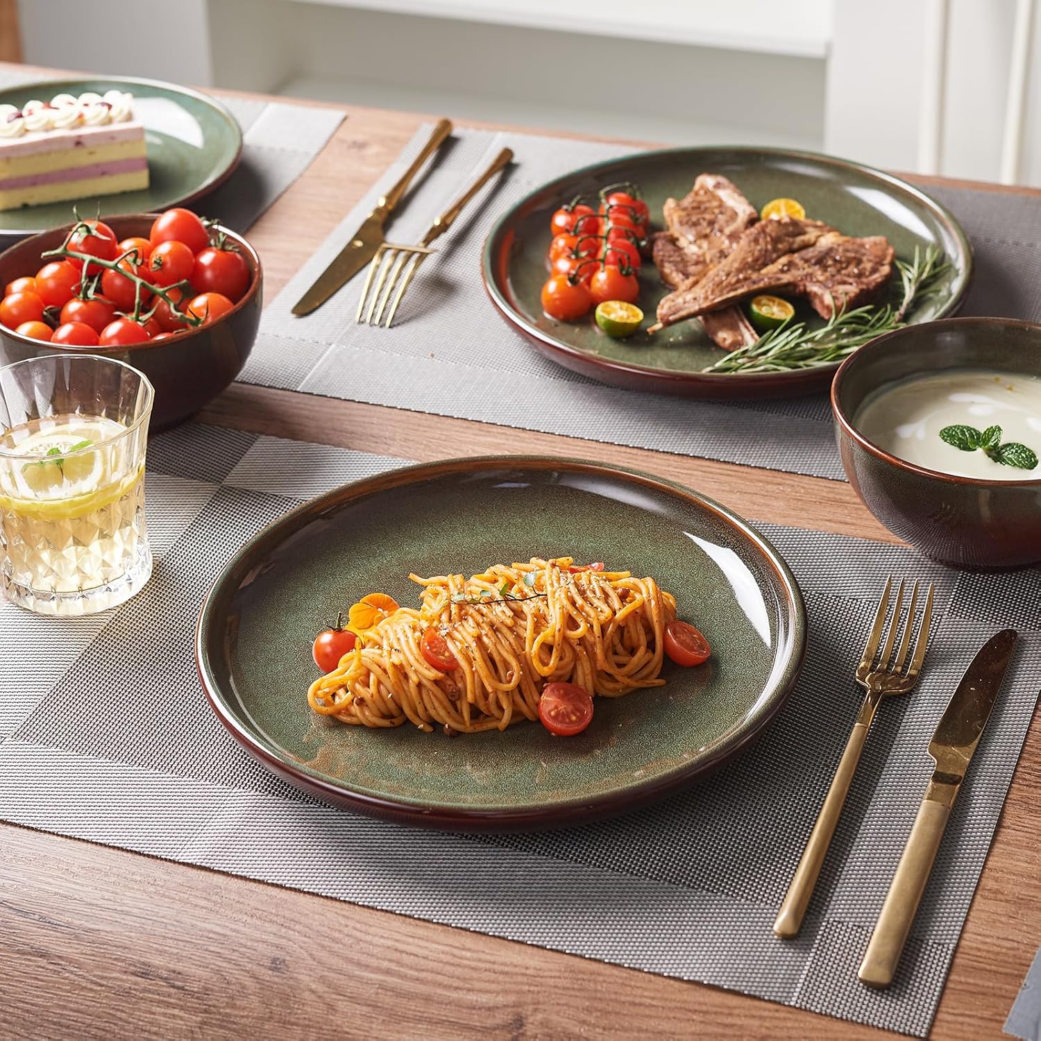 Stoneware Dinnerware Sets Service for 4, 12 Pcs Reactive Glaze Plates and Bowls Sets, Handmade Ceramic Dish Set, Highly Chip and Crack Resistant Modern Plate Set, Brown Green