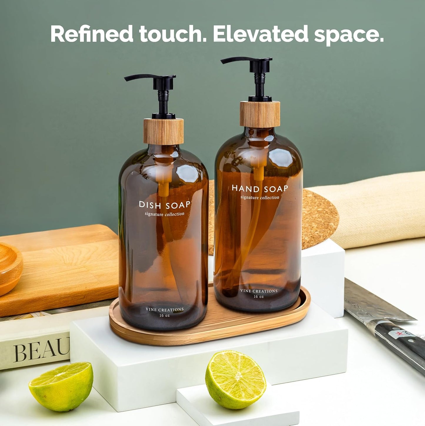 Amber Glass Soap Dispenser Set, Hand Soap and Dish Soap Dispenser Set with Bamboo Tray, 16 Oz Glass Dispensers Bottle for Kitchen and Bathroom Decor Modern Boho with Bamboo Pump (Amber)