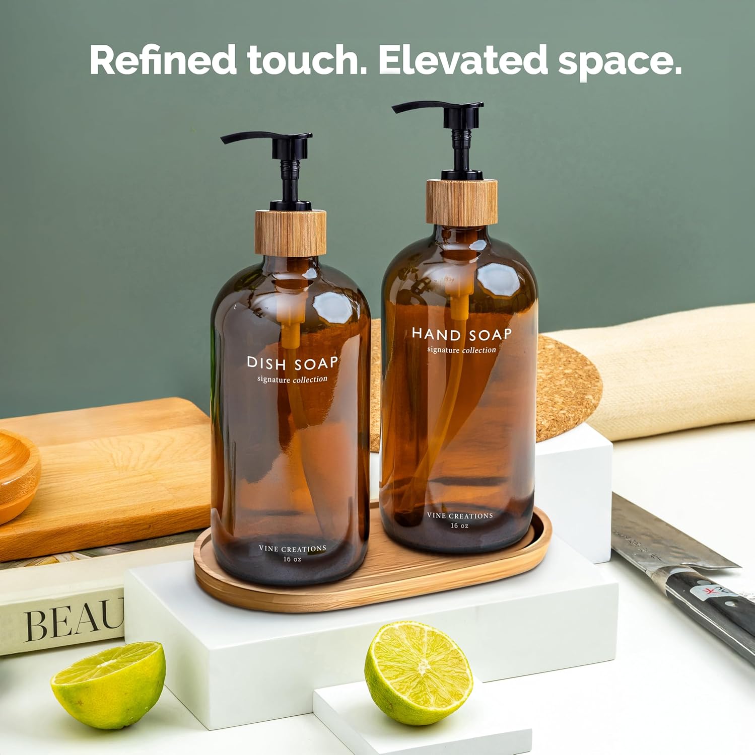 Amber Glass Soap Dispenser Set, Hand Soap and Dish Soap Dispenser Set with Bamboo Tray, 16 Oz Glass Dispensers Bottle for Kitchen and Bathroom Decor Modern Boho with Bamboo Pump (Amber)