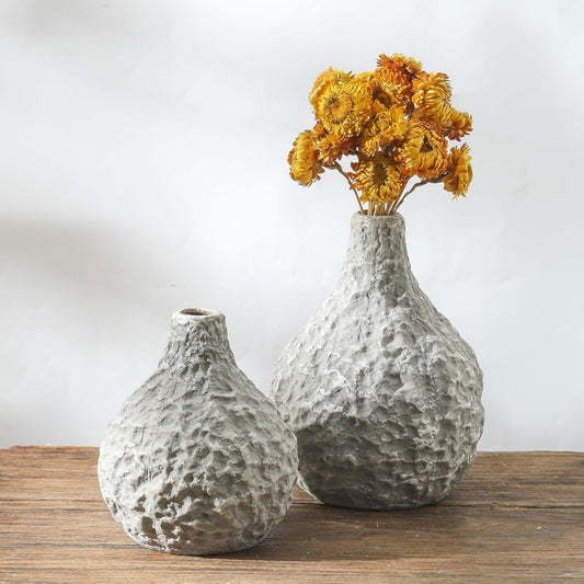 Ceramic Vase Set of 2 - round Modern Vase for Home Decor, Stone Vase, Decorative Matte Boho Vases Minimalist Style for Flower Pampas Grass, Living Room Bedroom Shelf Entryway Decor