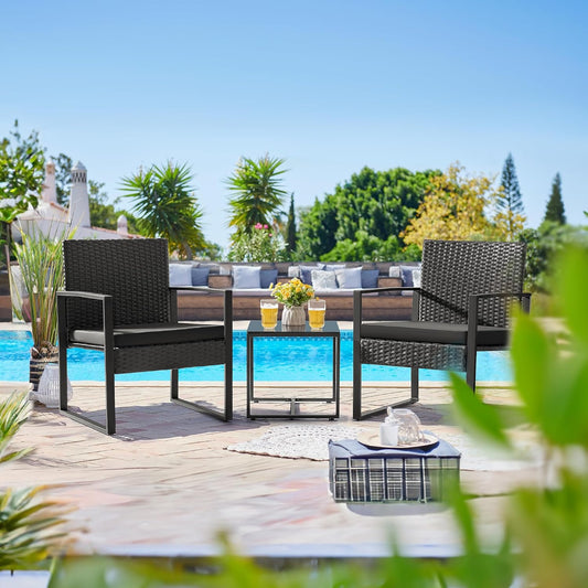 3-Piece Outdoor Wicker Patio Set with Coffee Table – Modern Rattan Bistro Chairs for Garden & Yard