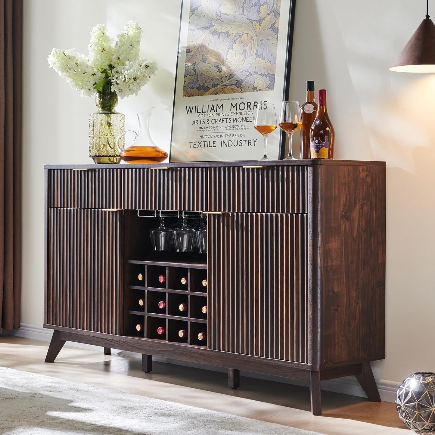 Fluted Wine Bar Cabinet for Liquor, 60" Modern Coffee Bar Cabinet W/Wine & Glass Rack, Large Buffet Sideboard W/ 3 Storage Drawers & Adjustable Shelves for Home, Dining Room, Kitchen, Natural Oak