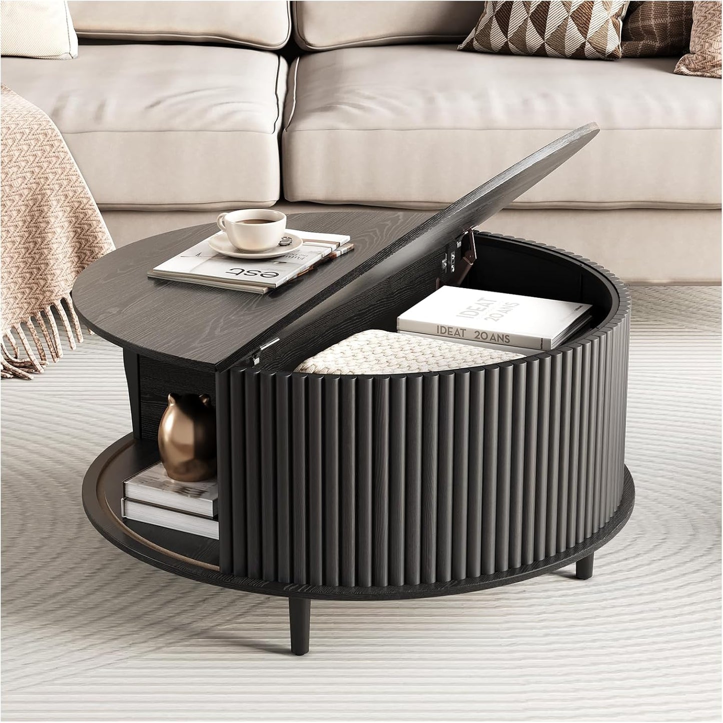 Round Coffee Table with Storage,Mid Century Modern Coffee Table with Sliding Cabinet Door for Living Room,Home Small Space,31.5" Fluted Center Table,Walnut