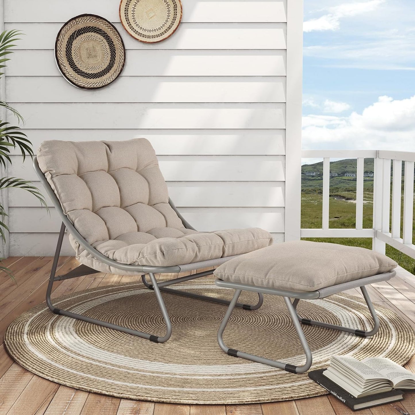 Outdoor Lounge Chair with Foot Stool, Comfy Sling Recliner Chair with Puffy Cushion and Foot Rest, Modern Patio Furniture Set for Porch Deck Garden, Champagne Gray