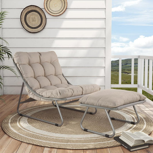 Outdoor Lounge Chair with Foot Stool, Comfy Sling Recliner Chair with Puffy Cushion and Foot Rest, Modern Patio Furniture Set for Porch Deck Garden, Champagne Gray