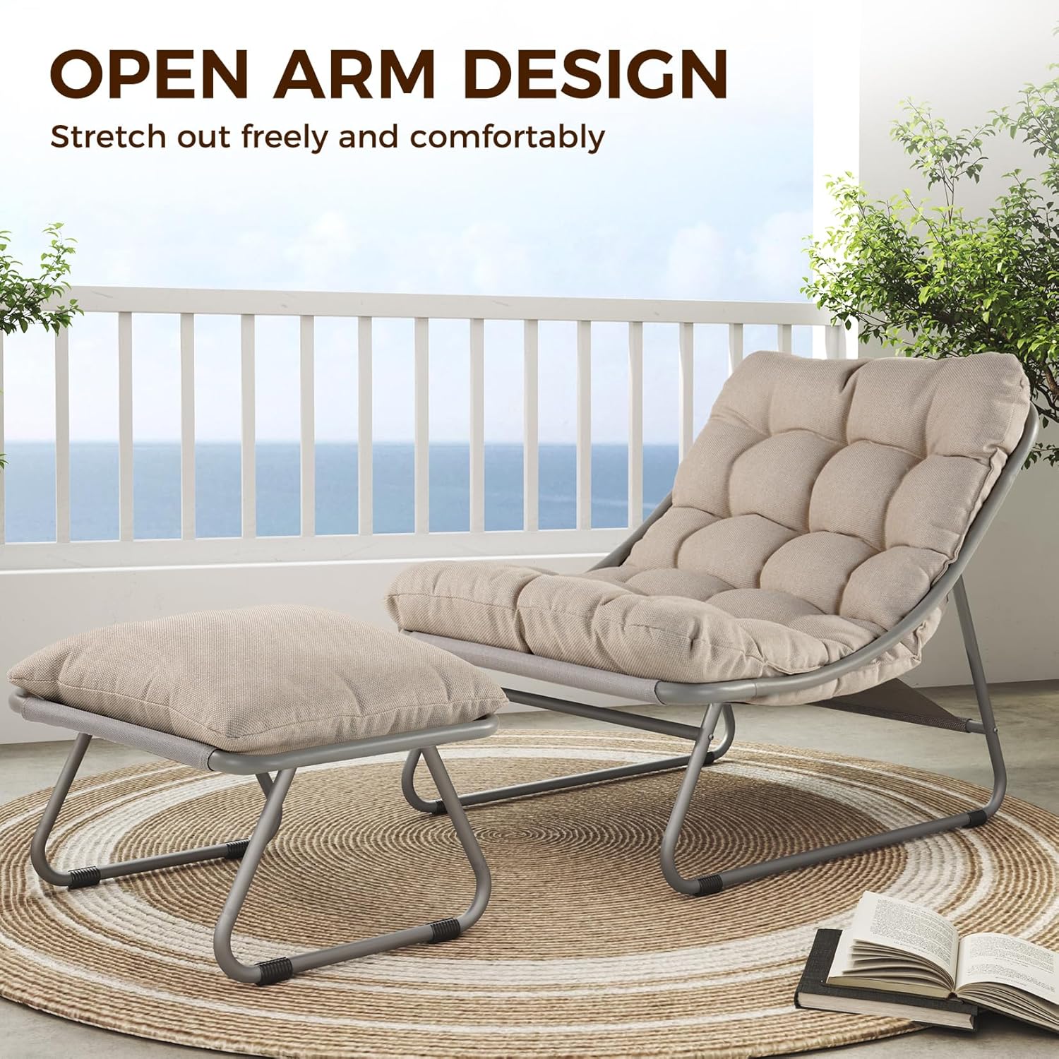 Outdoor Lounge Chair with Foot Stool, Comfy Sling Recliner Chair with Puffy Cushion and Foot Rest, Modern Patio Furniture Set for Porch Deck Garden, Champagne Gray