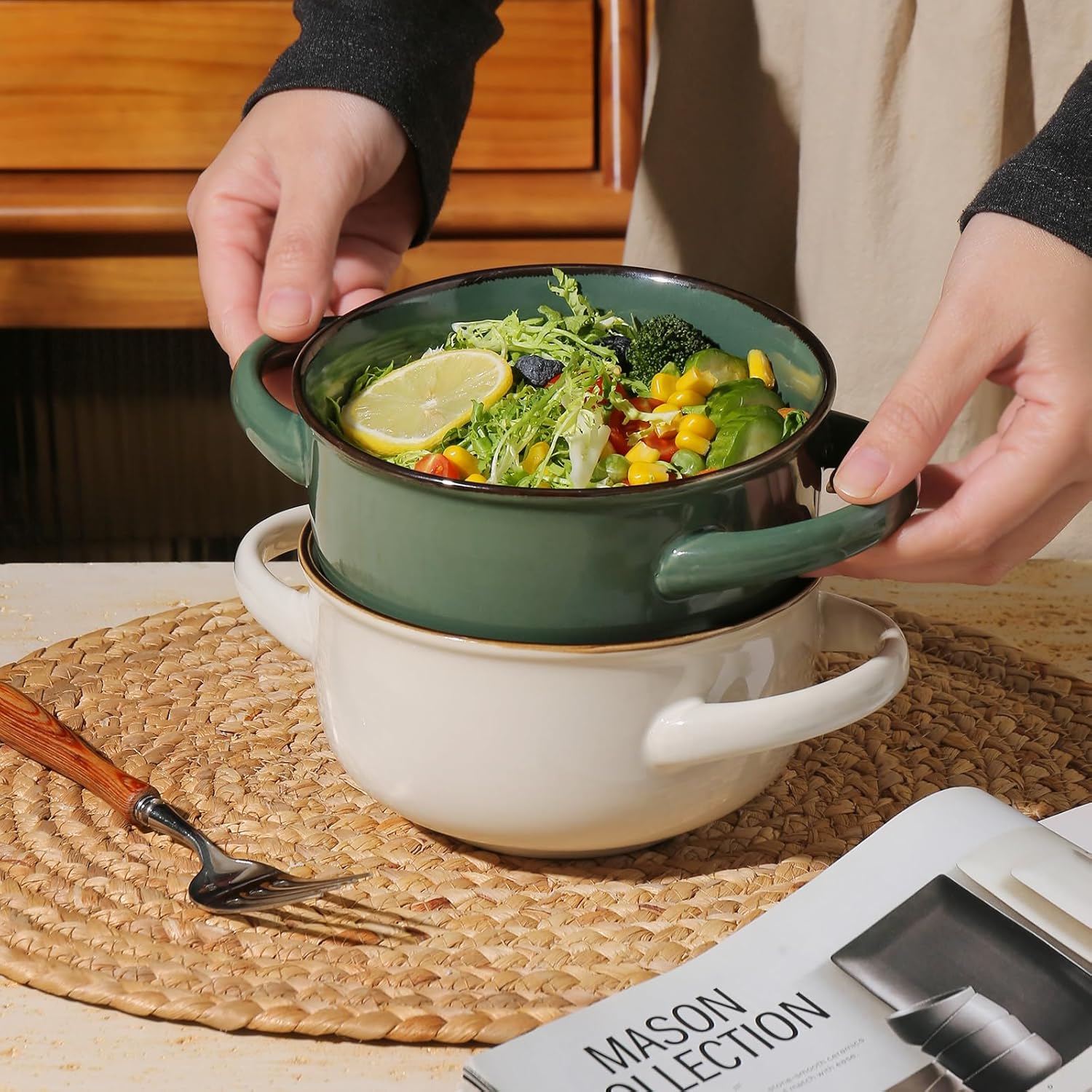 Ceramic Salad Bowl with Handles, 28 Oz French Onion Soup Bowls, Ceramic Soup Bowls for Cereal, Pasta, Chilli, Beef Stew, Stackable Serving Bowl Set of 4 (28 OZ)