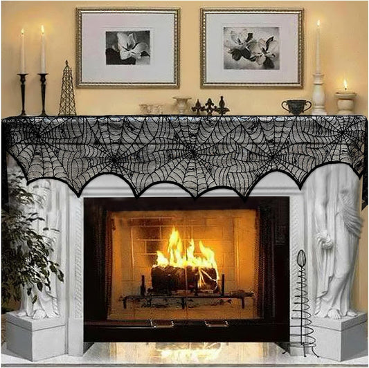 Halloween Decoration Black Lace Spiderweb Fireplace Mantle Scarf Cover Festive Party Supplies 45 X 243Cm 18 X 96 Inch