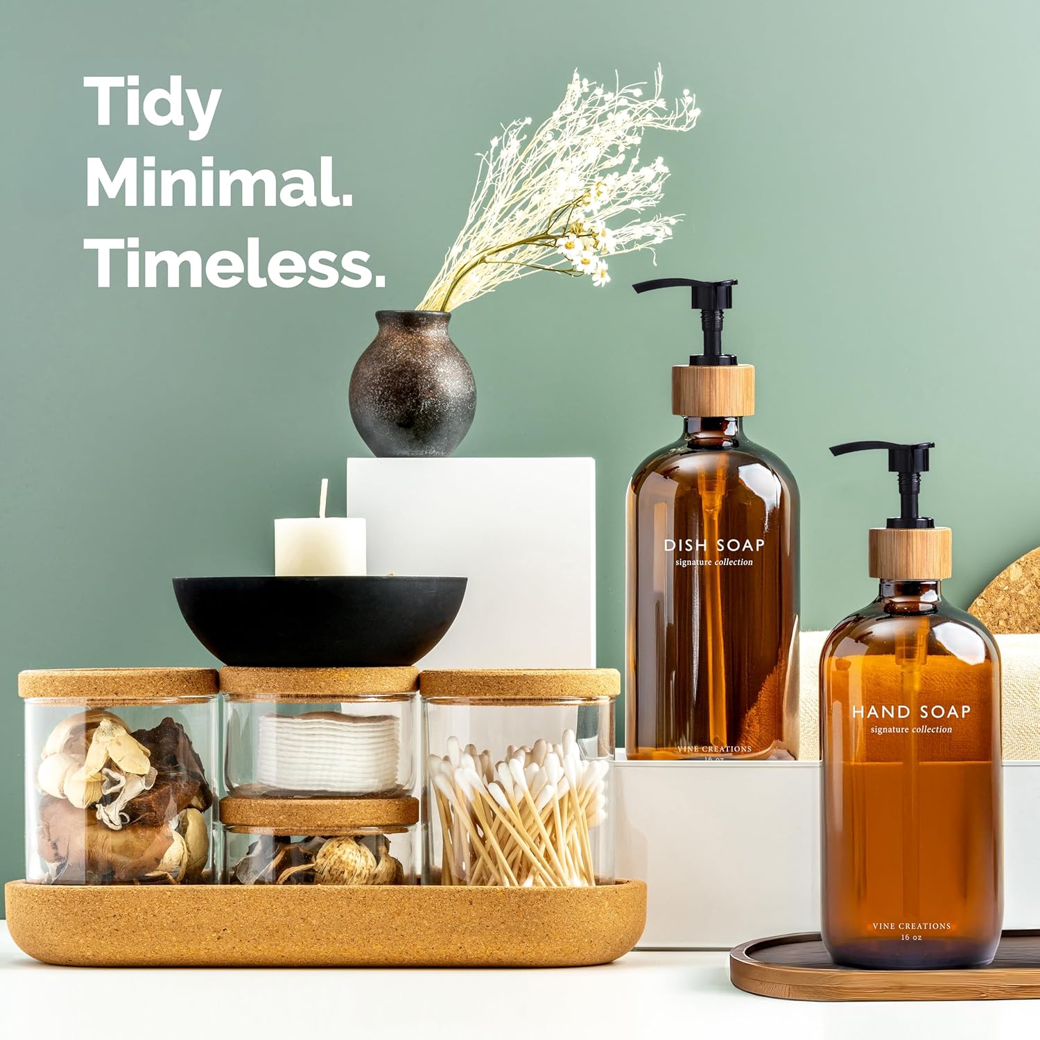 Amber Glass Soap Dispenser Set, Hand Soap and Dish Soap Dispenser Set with Bamboo Tray, 16 Oz Glass Dispensers Bottle for Kitchen and Bathroom Decor Modern Boho with Bamboo Pump (Amber)