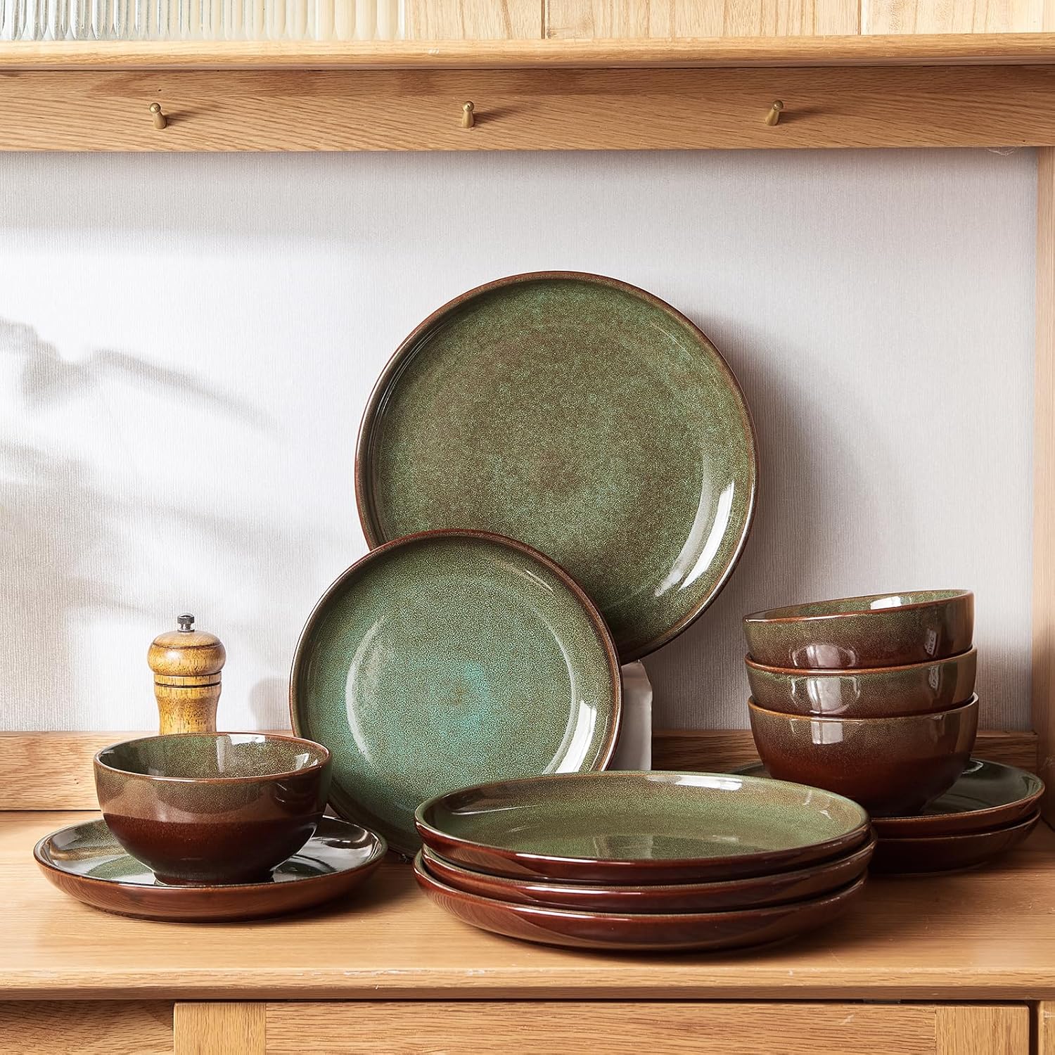 Stoneware Dinnerware Sets Service for 4, 12 Pcs Reactive Glaze Plates and Bowls Sets, Handmade Ceramic Dish Set, Highly Chip and Crack Resistant Modern Plate Set, Brown Green