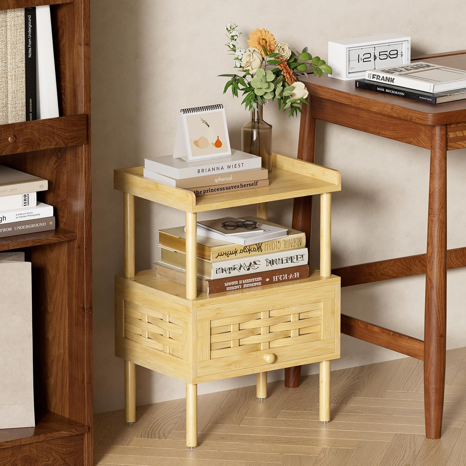 Bamboo Nightstand with Charging Station, Bedside Table with USB Ports & Outlets, End Table, Night Stand for Bedroom Lift-Up Drawer & Open Shelf, Natural Color