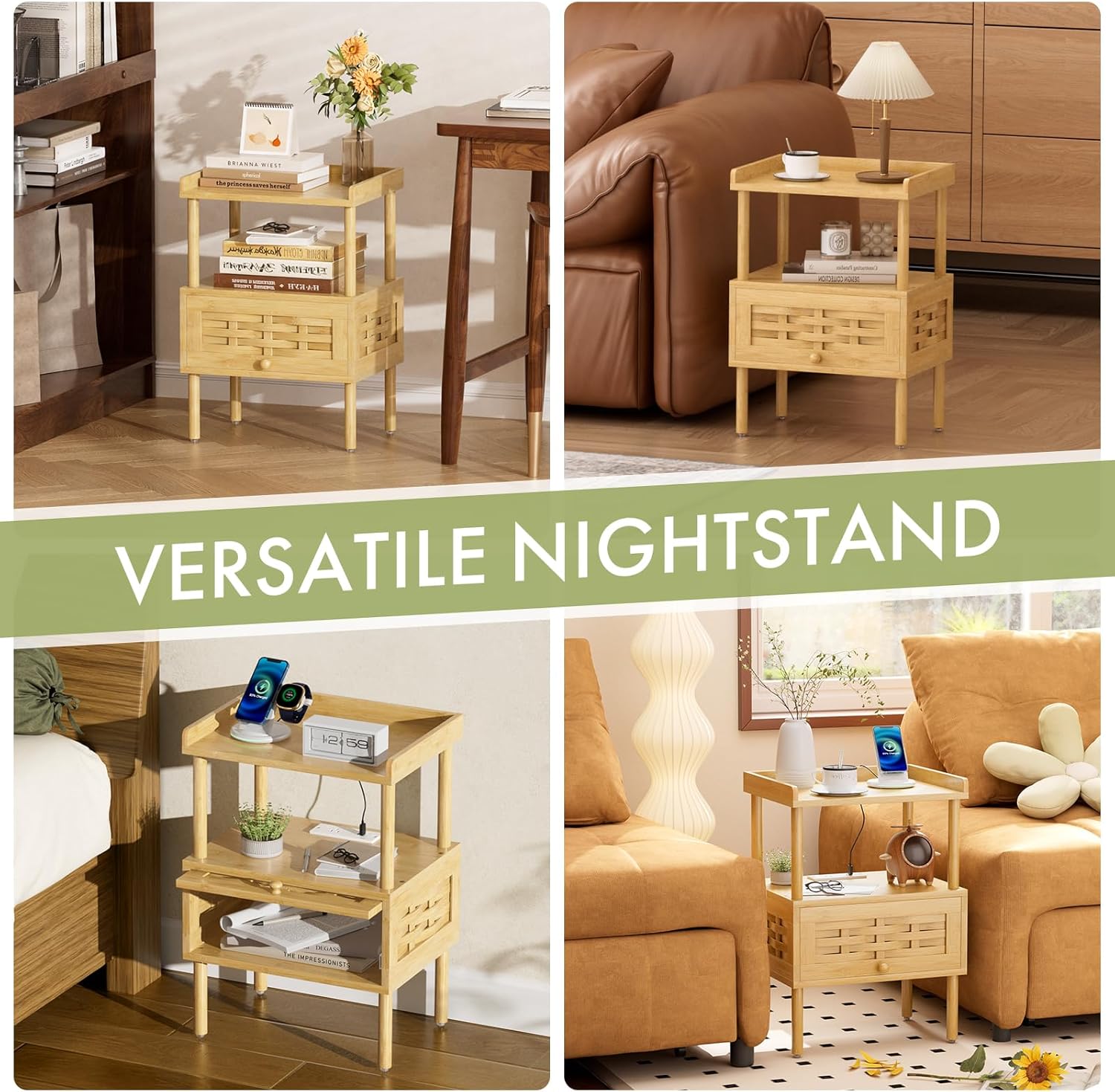 Bamboo Nightstand with Charging Station, Bedside Table with USB Ports & Outlets, End Table, Night Stand for Bedroom Lift-Up Drawer & Open Shelf, Natural Color