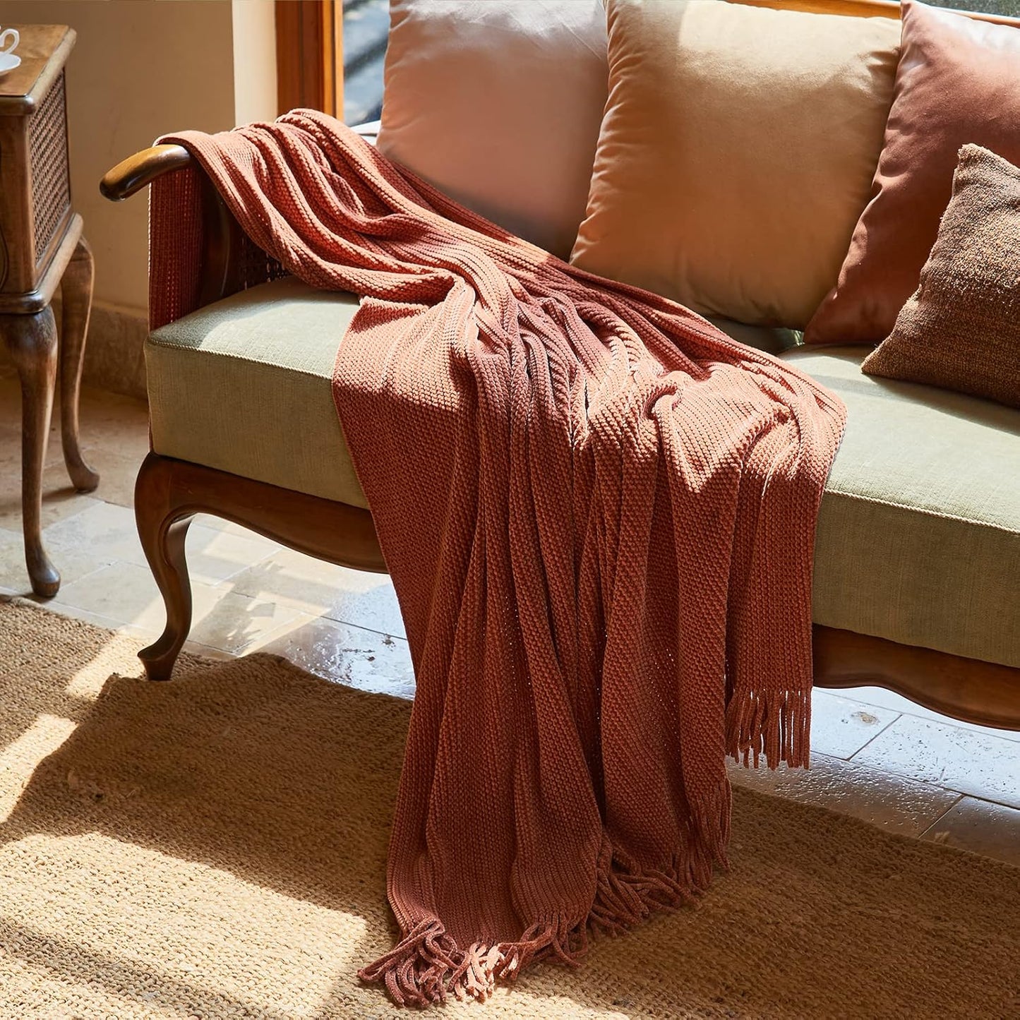 Throw Blanket for Couch, Soft Boho Bed Throw,Cozy Burnt Orange Chenille Knitted Small Spring Lightweight Throw(Rust,50 * 60")