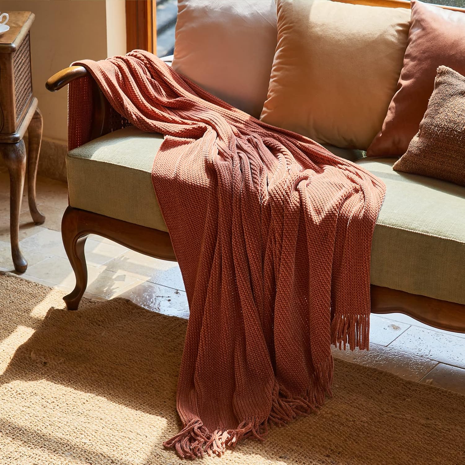 Throw Blanket for Couch, Soft Boho Bed Throw,Cozy Burnt Orange Chenille Knitted Small Spring Lightweight Throw(Rust,50 * 60")