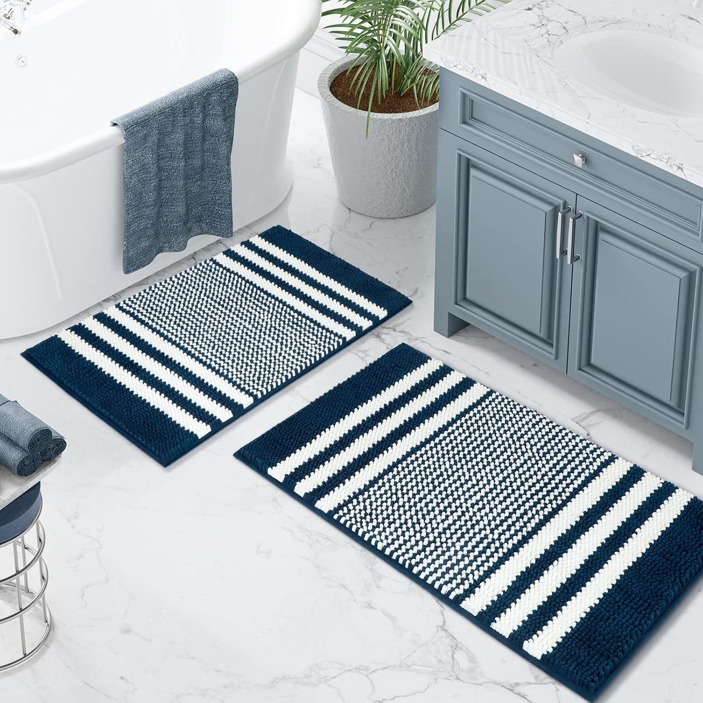 Bathroom Rugs Set 2 Piece, Extra Soft and Absorbent Fluffy Striped Chenille Bath Mat Rug Set, Non Slip Bathroom Floor Mat, Machine Washable (20" X 32" plus 16" X 24", Khaki)